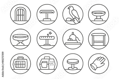 Falcon Housing Icons. Line style icons of falcon housing in round shape: mews door, perch in mews, tethered falcon, feeding area;