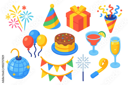 Celebration Icon Set. Isometric vector illustration set celebration elements: grand finale fireworks, striped foil party hat,