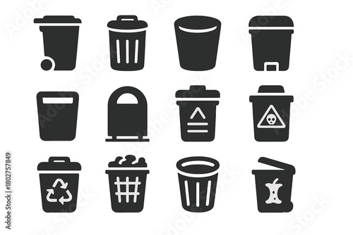Solid Bin Icons. Solid style icons of Bin types: wheelie bin, trash can with lid, open trash bin, pedal bin, small desk bin,