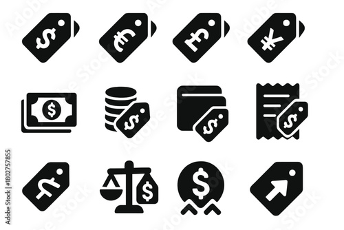 Currency Icon Set. Solid style icons of cost and value: dollar sign tag, euro sign tag, pound sign tag, yen sign tag, currency