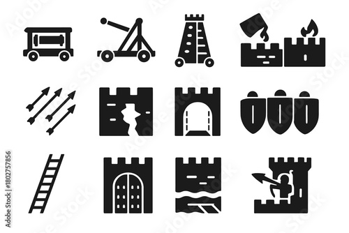Siege Defense Icons. Solid style icons of Siege and defense: battering ram, catapult, siege tower, boiling oil, arrow volley, wall