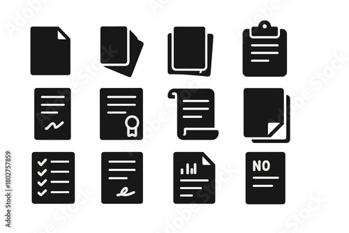 Document Handling Icons. Solid style icons of Document handling: paper sheet, multiple documents, stacked papers, clipboard with