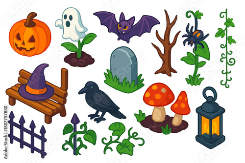 Haunted Garden Icons. Isometric vector illustration set Haunted Garden Icons: pumpkin lantern, ghost flower, bat flying above,
