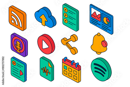 Podcast Tools Icons. Isometric vector illustration set Podcast Publishing Tools: RSS feed icon, upload cloud icon, podcast episode