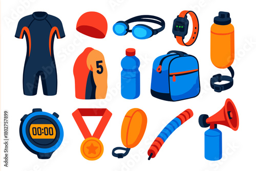 Triathlon Swimming Gear. Isometric vector illustration set Triathlon Swimming Segment: triathlon wetsuit, swim cap, goggles,