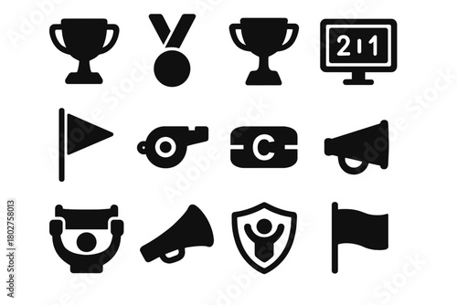 Team Competition Icons. Solid style icons of Team and competition: trophy, medal, cup, scoreboard, pennant, referee whistle,