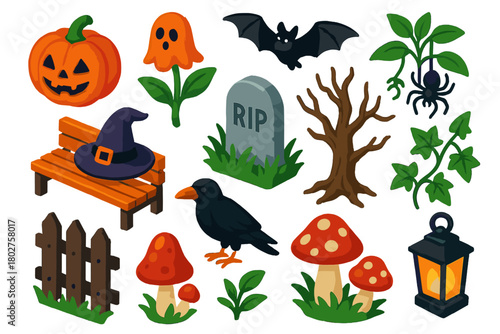 Haunted Garden Icons. Isometric vector illustration set Haunted Garden Icons: pumpkin lantern, ghost flower, bat flying above,