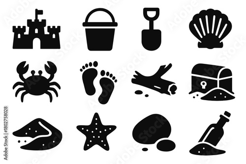 Beach Icons Collection. Solid style icons of sand: sandcastle, sand bucket, shovel, seashell, crab, footprints in sand, driftwood,