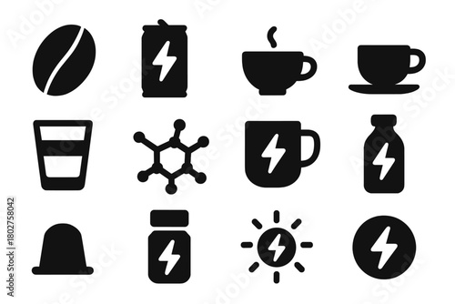 Caffeine Icons Collection. Solid style icons of Caffeine energy: coffee bean, energy drink can, tea cup, espresso shot, double