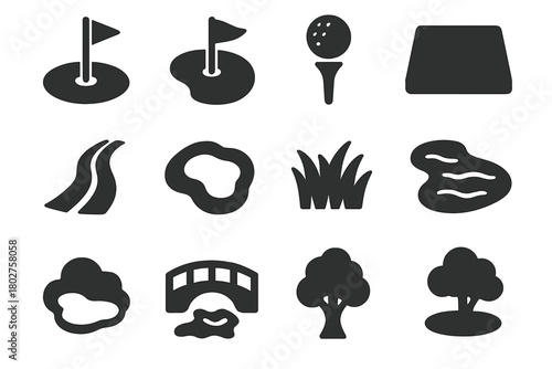 Golf Course Icons. Solid style icons of Golf course elements: hole, flag, green, tee box, fairway, bunker, rough, water hazard,