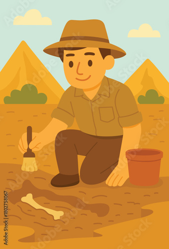 Archaeologist working at desert excavation site with ancient bone and pyramids in the background in flat cartoon style. High quality illustration of a smiling archaeologist