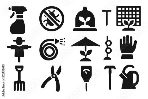 Garden Care Icons. Solid style icons of Garden care: spraying bottle, pest control, plant cover, garden net, scarecrow, watering