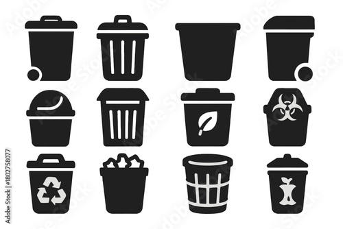 Solid Bin Icons. Solid style icons of Bin types: wheelie bin, trash can with lid, open trash bin, pedal bin, small desk bin,