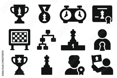 Chess Tournament Icons. Solid style icons of Chess tournament symbols: trophy, medal, clock, scoreboard, bracket, certificate,