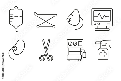 Pet Hospital Icons. Line style icons of Pet hospital: IV bag, stretcher, oxygen mask, monitor screen, surgical scissors,