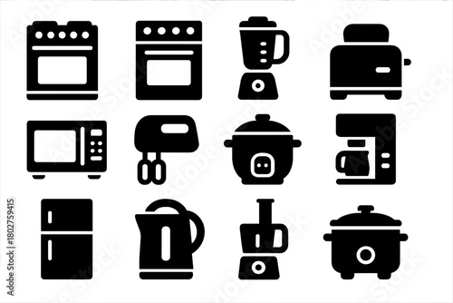 Kitchen Appliance Icons. Solid style icons of Kitchen appliances: stove, oven, blender, toaster, microwave, mixer, rice cooker,