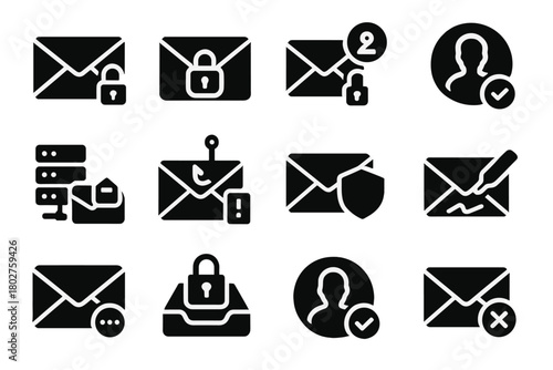 Secure Email Icons. Solid style icons of secure messaging: encrypted email, lock on envelope, two-factor email, verified sender