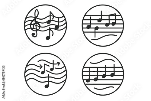 Orchestral Harmony Icons. Line style icons of orchestral harmony in round shape: flowing notes, treble and bass clefs, layered
