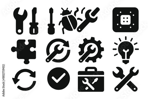 Repair Icons Collection. Solid style icons of Fix and repair: wrench fix, screwdriver repair, bug fix symbol, patch update, puzzle