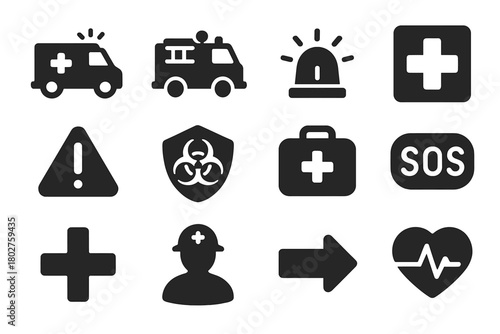 Emergency Icons Collection. Solid style icons of Emergency symbols: ambulance icon, fire truck alarm, police siren, hospital