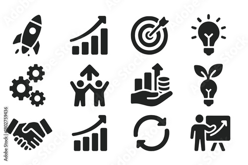 Startup Icons Collection. Solid style icons of Startup growth: rocket launch, graph boost, target arrow, innovation lightbulb,