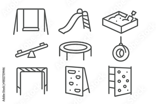Backyard Play Icons. Line style icons of Backyard play: swing, slide, sandbox, seesaw, trampoline, tire swing, monkey bars,
