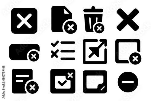Solid Deletion Icons. Solid style icons of removal and deletion: X over item, file delete icon, trash with cross, remove content
