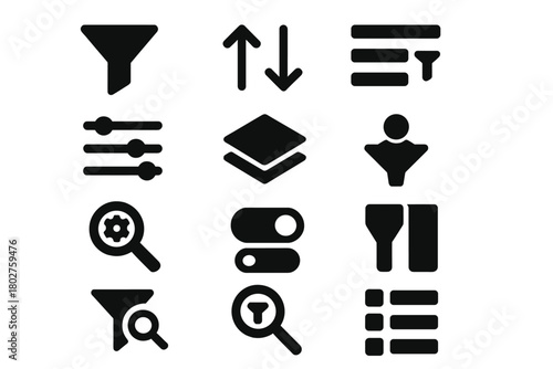 Filtering and Sorting Icons. Solid style icons of filtering and sorting: funnel icon, sort arrow, filter lines, adjustable sliders