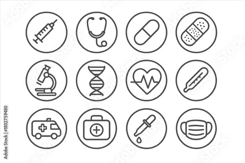 Set of medical icons including a syringe, a stethoscope, a thermometer