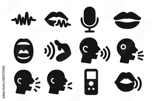 Voice Icons. Solid style icons of Voice: voice wave, mouth with audio wave, microphone and lips, singer mouth, shouting mouth,