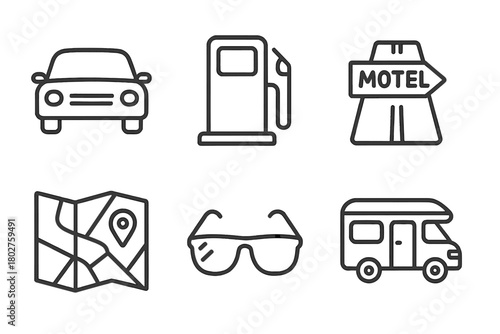 Road Trip Essentials. Line style icons of Road Trip: Car, Gas Pump, Motel Sign, Highway, Road Map, Sunglasses, Cooler, Camper Van,