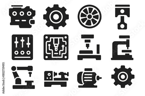 Industrial Machine Icons. Solid style icons of Machines: engine block, mechanical gear, turbine, piston, control panel, circuit