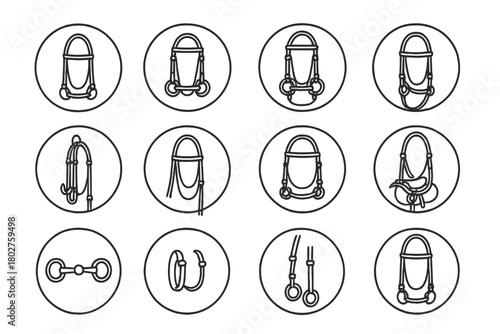 Equestrian Tack Icons. Line style icons of bridles in round shape: leather bridle, snaffle bit bridle, double bridle, halter and