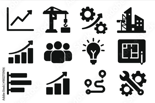 Development Icons Collection. Solid style icons of Development: progress chart, crane lifting, gears with arrow, construction site