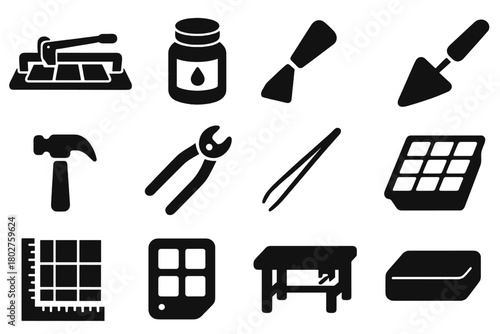 Mosaic Tools Icons. Solid style icons of Mosaic Making: tile cutter, glue pot, grouting tool, trowel, hammer, nippers, tweezers,