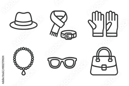 Fashion Accessories Icons. Line style icons of Fashion Accessories: Hat, Scarf, Belt, Gloves, Necklace, Sunglasses, Shoes, Handbag