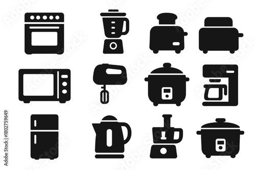 Kitchen Appliance Icons. Solid style icons of Kitchen appliances: stove, oven, blender, toaster, microwave, mixer, rice cooker,