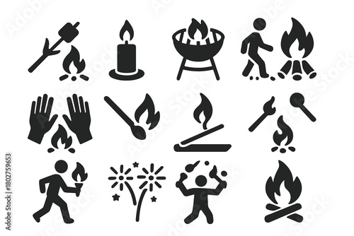 Fire Activity Icons. Solid style icons of Fire activities: roasting marshmallow, lighting candle, grilling, bonfire night, warming