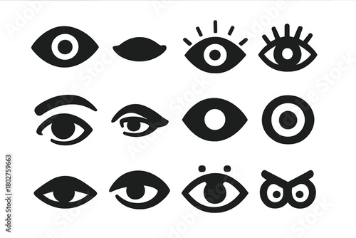 Stylized Eye Icons. Solid style icons of Eyes: human eye, closed eye, wide open eye, eye with lashes, eye with brow, side view eye
