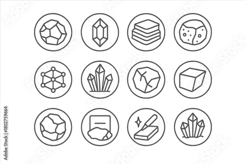 Mineral Line Art Icons. Line style icons of minerals in round shape: rough mineral, polished gem, layered rock, metallic ore;