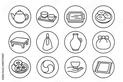 Korean Tea Ritual Icon. Line style round vector icons of Korean Tea Ritual: Ceramic Pot, Teacup Set, Wooden Tray, Tteok Sweets;