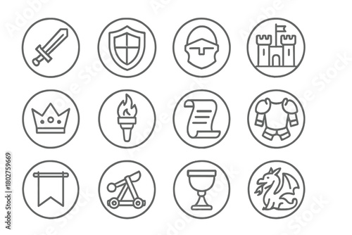Medieval Icon Set. Line style circular vector icons of Medieval: Sword, Shield, Helmet, Castle; Crown, Torch, Scroll, Armor;