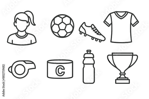 Women's Soccer Icons. Line style icons of Women’s Soccer: Ponytail Player, Ball, Cleats, Jersey, Whistle, Captain Armband, Water