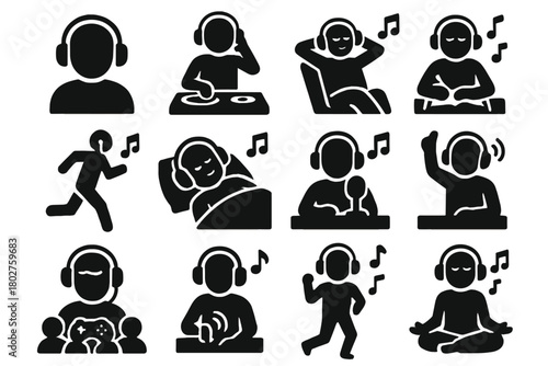 Music Listening Icons. Solid style icons of Music listening: person with headphones, DJ with headset, relaxing listener, running