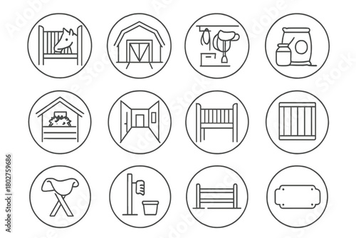 Stable Icon Set. Line style icons of stables and barns in round shape: horse stall, open barn door, tack room, feed room; loft