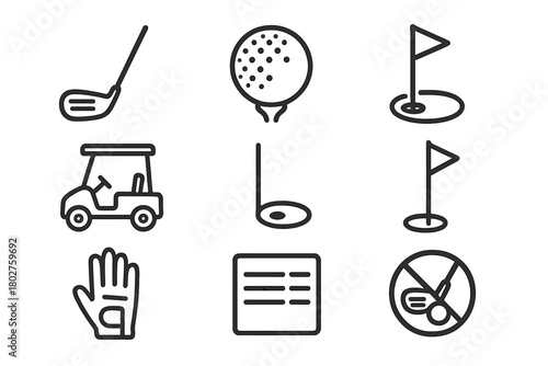 Golf Icons Collection. Line style icons of Golf: Golf Club, Golf Ball, Tee, Hole, Golf Cart, Flagstick, Glove, Scorecard, No text,