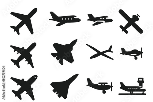 Aircraft Icon Collection. Solid style icons of airplanes and aircraft: commercial airplane, passenger jet, private jet, biplane