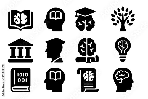 Icons of Knowledge. Solid style icons of Knowledge: open book brain, head with book, graduation cap on brain, knowledge tree,