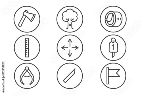 Timber Measurement Icons. Line style icons of timber marking and measurement in round shape: marking axe, painted tree, diameter