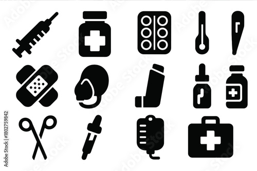 Medical Treatment Icons. Solid style icons of Medical treatment: syringe, pill bottle, capsule strip, thermometer, bandage, oxygen